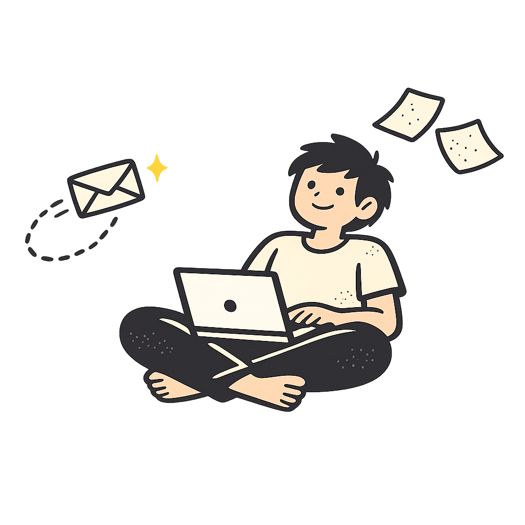 A developer at a laptop while an email sends itself